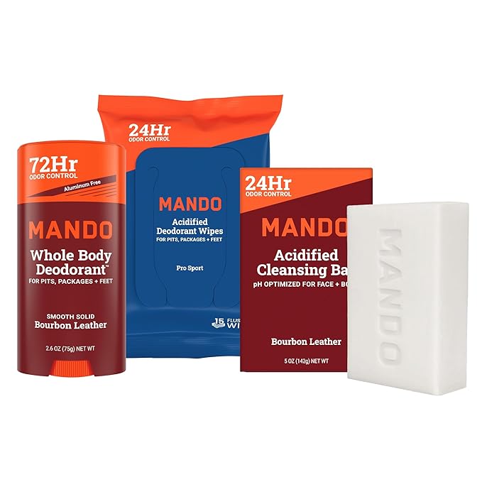 Mando Whole Body Deodorant 3 pc System - 2.6oz Smooth Solid Stick, 5.0oz 4in1 Acidified Cleansing Bar, & 15ct Deodorant Wipes - Aluminum & Baking Soda Free Odor Control - 3 pc Bundle (Bourbon Leather)
