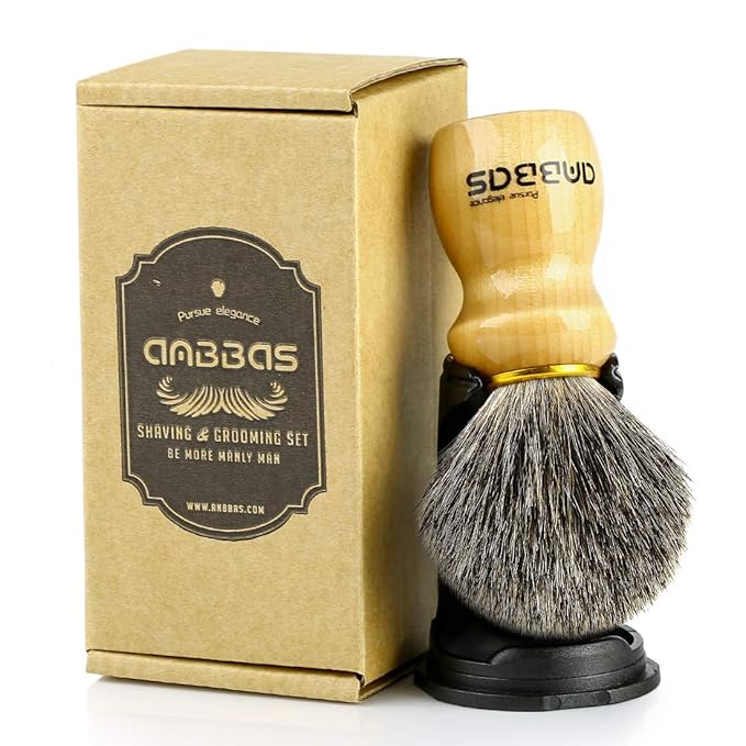 Anbbas Shaving Brush and Holder,Pure Badger Hair with Wood Handle,Black Resin Stand Holder,Contracted Design 2in1 Set for Men Wet Shave