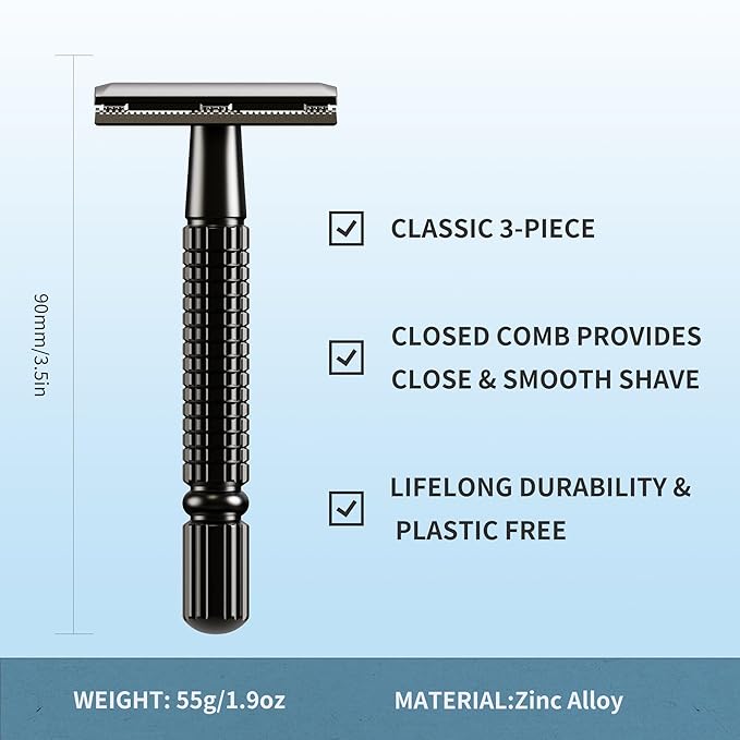 Gearhub Double Edge Safety Razor Reusable Stainless Metal Wet Shaving Razor with 10 Swedish Platinum Blades for Men Women Barber Bikini Armpit Hair, Matte Black GR131