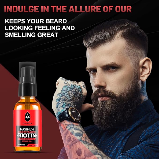 Beard Oil,Maximun Thickening Biotin, with Castor Oil and Argan & Jojoba Oils, Promotes Beard Growth, Styles, Strengthens & Softens Beards & Mustaches,1 Ounce*2（2 Pack）