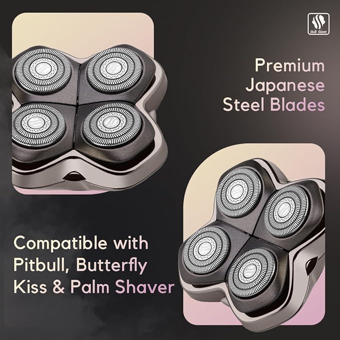 Skull Shaver Baron PRO 4 Head Replacement Blade - Shaver Blade for Wet & Dry Shaving - Rotary Heads Design - Japanese Stainless Steel - Compatible with Pitbull, Palm & Butterfly Kiss Shavers