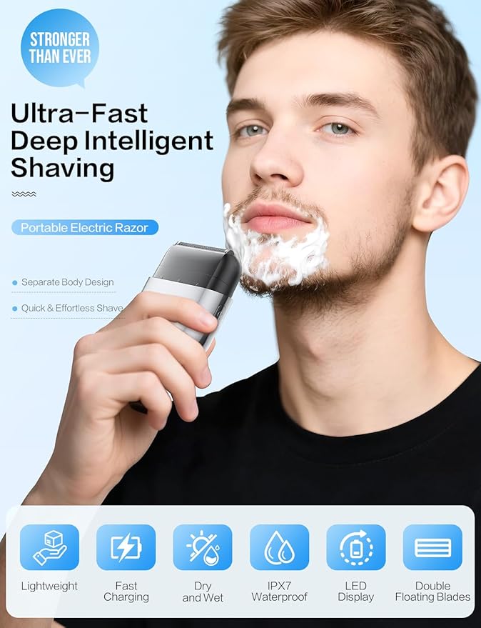 Electric Foil Shavers for Men Electric Razor Mini Cordless Razor IPX7 Waterproof Wet Dry Shaver, Type C Rechargeable, LED Display, Travel Lock, 100 Minute Runtime