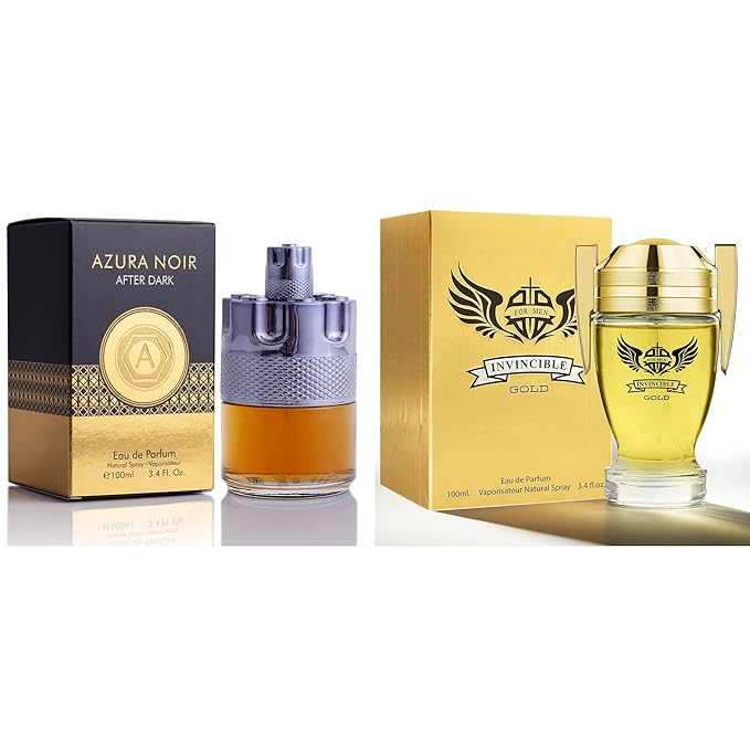 META-BOSEM Men's Perfume Gift Set, EDP, 2 Pack (3.4 oz / 100 mL each), Invincible Gold, Azura Noir After Dark, Aromatic Woody & Modern Fresh, for day-to-night & everyday, Long-Lasting, Gift Ready