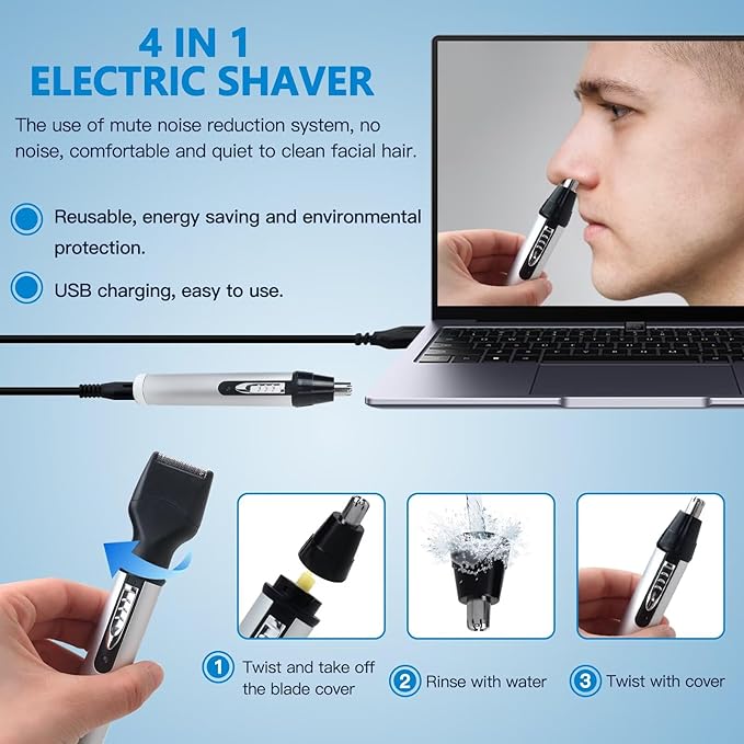 4 in 1 Electronic Nose Hair Clipper Set for Clipper Nose Hair, Beard, Ear Hair, Eyebrow, No Noise to Clean Facial Hair