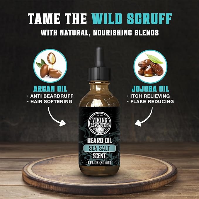 Viking Revolution Sea Salt Beard Oil for Men - Natural Mens Beard Oil with Argan Oil and Jojoba Oil - Beard Softener, Strengthens and Moisturizes - Beard Conditioner for Men (Sea Salt, 1 Pack)