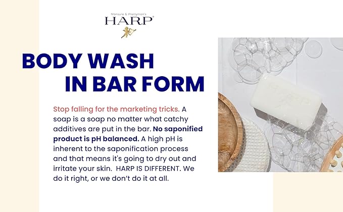 HARP pH-Balanced (5.0-6.0) Body Wash Bar. 100% Syndet. Protects Moisture Barrier For Sensitive, Dry or Irritated skin. + Shea Butter/Borage Oil. Non-Comedogenic. FRAGRANCE FREE