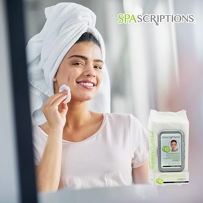 SpaScriptions Cucumber Cleansing Facial Wipes - Hydrating & Soothing Makeup Remover Wipes With Vitamin A, C & E For Moisturizing & Youtful Skin, Daily Use Face Wipes For All Skin Types, 1-Pack (60ct)
