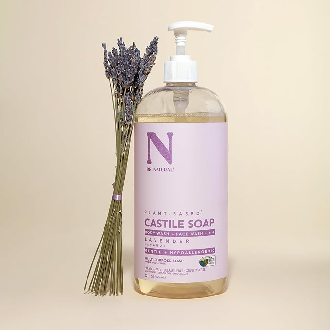 Dr. Natural Castile Liquid Soap - Multi-Use Body Wash,Shampoo and Face Wash - Hydrating Body Soap for Skin,Hair,Pets and Home - Lavender - 32 oz,(Pack of 2)
