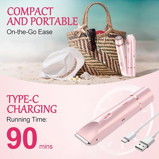 Bikini Trimmer for Women, 2-in-1 Painless Bikini Shaver with Ceramic Blade, Dual-Head Electric Shaver, Ipx7 Waterproof for Shower & Travel, Womens Electric Razor for Armpit Leg Body Facial, Pink