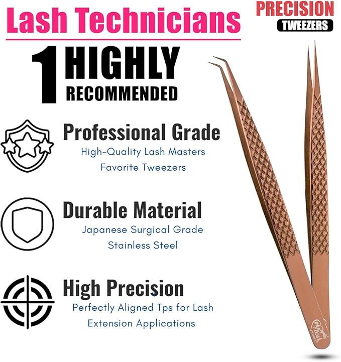 2pcs Curved & Straight Isolation Tweezers for Eyelash Extensions – 14cm Stainless Steel, Copper color Tweezer Set, Best for Classic & Individual Lashes, Professional Pinzas para Pestaña