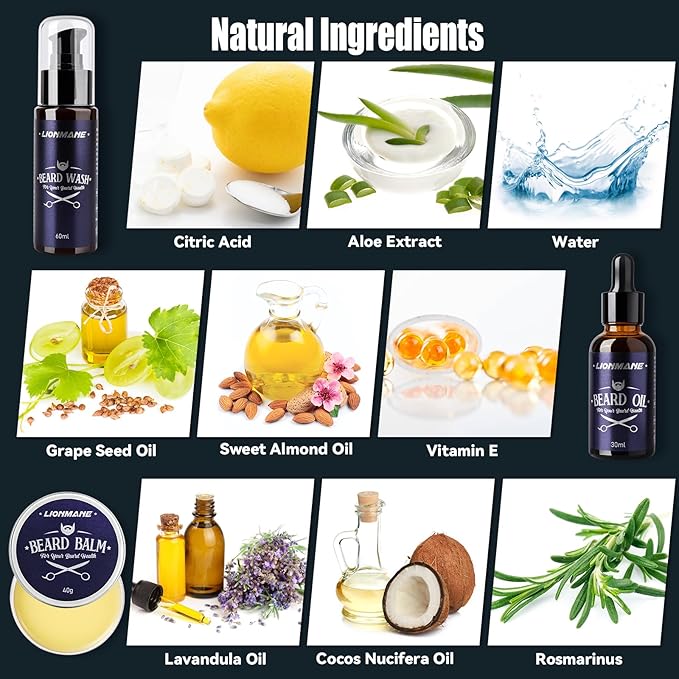 Lionmane Beard Care Gifts Kit for Men, Beard Mustache Grooming Kit-Beard Balm, Beard Wash, Beard Oil, Brush, Scissors, Birthday Anniversary Thanksgiving Gifts for Husband/Boyfriend/Dad/Him