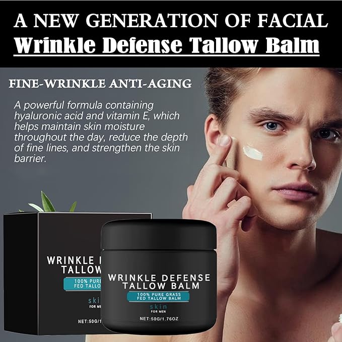 Tallow Skin Care for Men - Wrinkle Defense Tallow Balm, Tallow Face Moisturizer, Natural Tallow Men's Face Wash, Beef Tallow for Skin Face Moisturizer, Anti-Wrinkle Night Serum (1 Set)