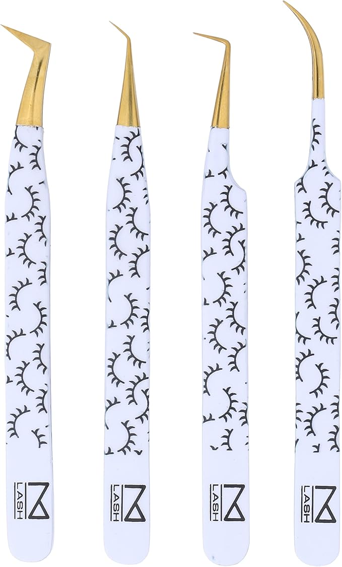 M LASH Tweezers for Eyelash Extensions (Set of 4) - Professional Lash Extension Tweezers - Fiber Tip, Japanese Steel, Diamond Grip Eyelash Extension Tweezer set (WL)