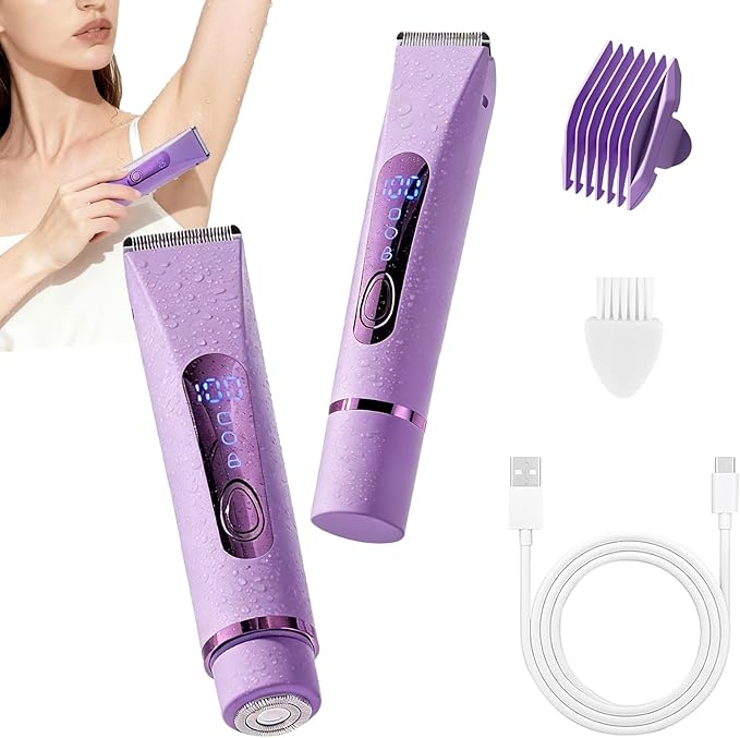 Bikini Trimmer for Women Electric–Double Head Dual Purpose, Ceramic Blade,IPX7 Waterproof,LCD Power Display,USB Rechargeable,Wet/Dry Painless Hair Removal for Face & Body (Violet)