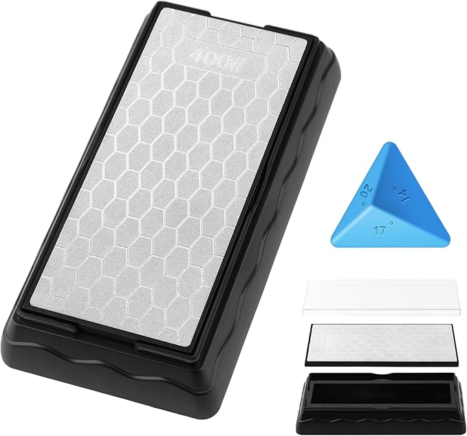 Double-sided Diamond Sharpening Stone,Knife Sharpening Stone with Extra Fine 1000/Coarse 400 Grit Diamond Plate, Storage Case with Non-Slip Base & Angle Guide(7 x 3.5 Inch)