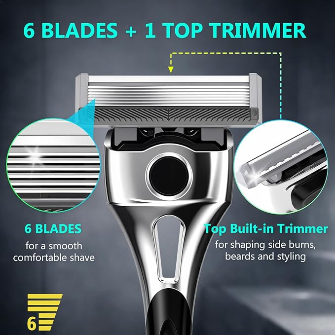 Professional 6-Blade Men's Razor with Lubricating Strip & Precision Trimmer, 45° Pivoting Head, Metal 1 Handle +2 Blade Refills, Includes Cleaning Brush & Wall Mount