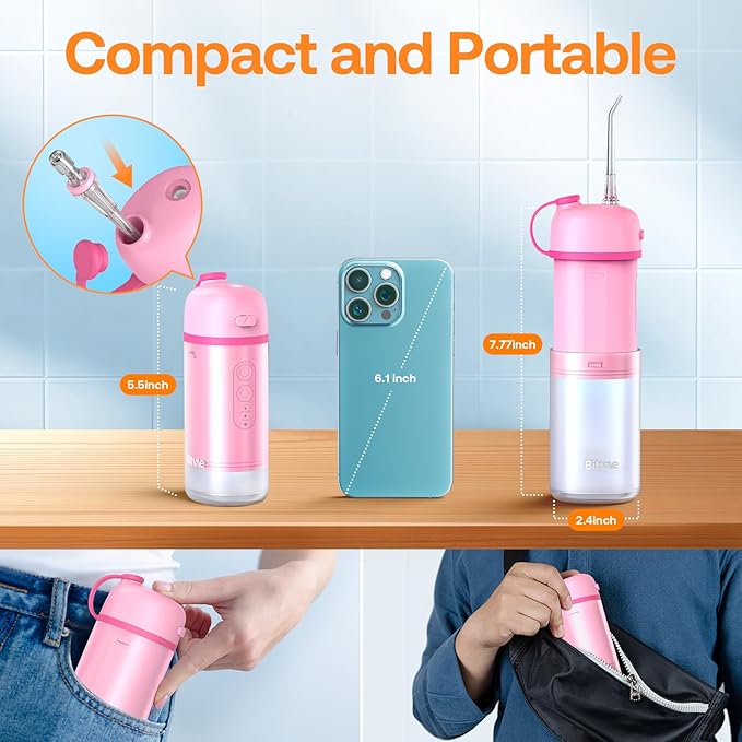 Bitvae P1 Water Flosser for Teeth, Portable Mini Water Flosser, Cordless Water Teeth Cleaner Picks with Telescopic Water Tank, Type-C Rechargeable Oral Irrigator for Travel & Home (Pink)