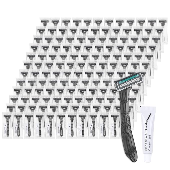 Disposable Razors Bulk, Gray Razors Individually Wrapped Bulk, With Shaving Cream For Hotels, Shelters, Homeless, Nursing Homes, Charities, Churches (100-PACK)