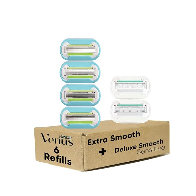 Gillette Venus Womens Razor Blade Refills, Venus Extra Smooth 4 Count and Venus Deluxe Smooth Sensitive 2 Count, 6 Total Refills, Holiday Gifts for Women