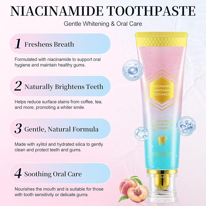 Niacinamide Whitening Toothpaste, Niacinamide Toothpaste Intensive Whitens Teeth, Stain Removal, Protects Tooth Enamel, Freshening Breath All Day with Natural Mint &Peach Flavor (2PCS)
