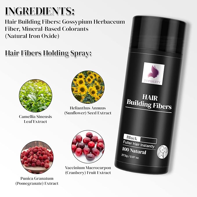 Hair Thickening Fibers & Applicator Set - Natural Long-Lasting Concealer for Fuller Hair, Thicker Beard & Crisp Hairlines (BLACK)