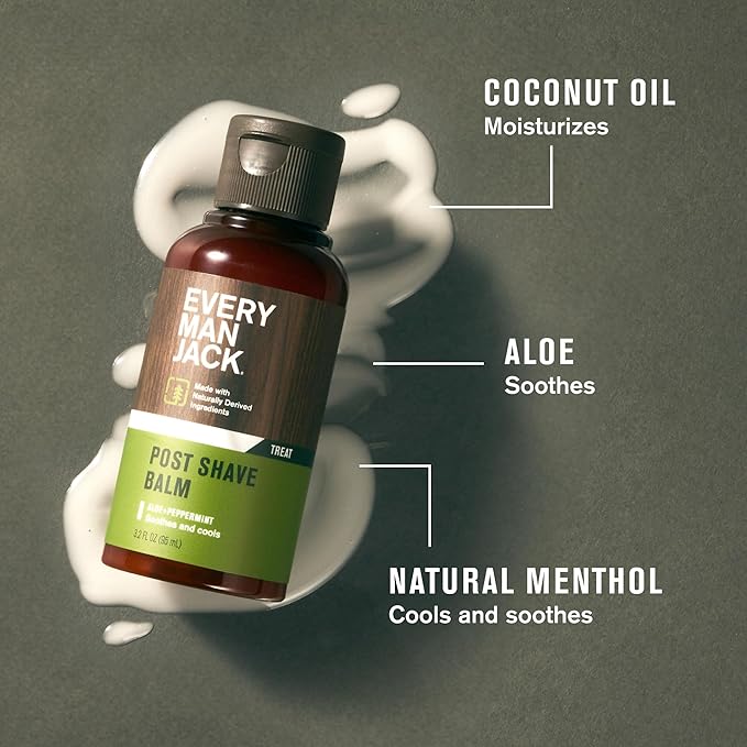 Every Man Jack Men's Post Shave Balm - Calms Irritation, Cools Skin, Hydrates, Absorbs Fast - Made with Naturally Derived Ingredients like Coconut Oil, Aloe Vera, Natural Menthol - 3.2oz - 2 Pack