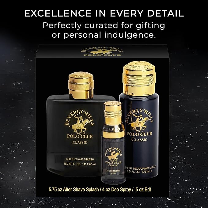 Beverly Hills Polo Club BHPC Men's Classic Fragrance Collection - 3-Piece Gift Set with Eau De Toilette, Deodorant Body Spray & After Shave Lotion
