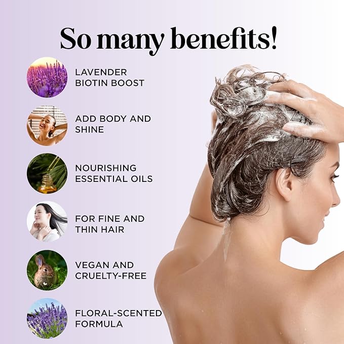 Lavender Biotin Shampoo for Thinning Hair - Volumizing Shampoo for Fine Hair with B Vitamins Rosemary Argan Primrose & Tea Tree Oils - Paraben Silicone and Sulfate Free Vegan Formula (16 Fl Oz)