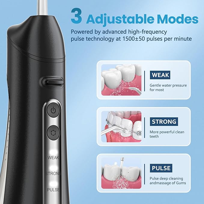 Water Flosser, Water Dental Flosser Pick for Teeth, IPX7 Waterproof Oral Irrigator, 3 Modes 4 Replaceable Jet Tips, Professional Flossing Cleaning Picks for Home Travel Gums, Braces Care (Black)