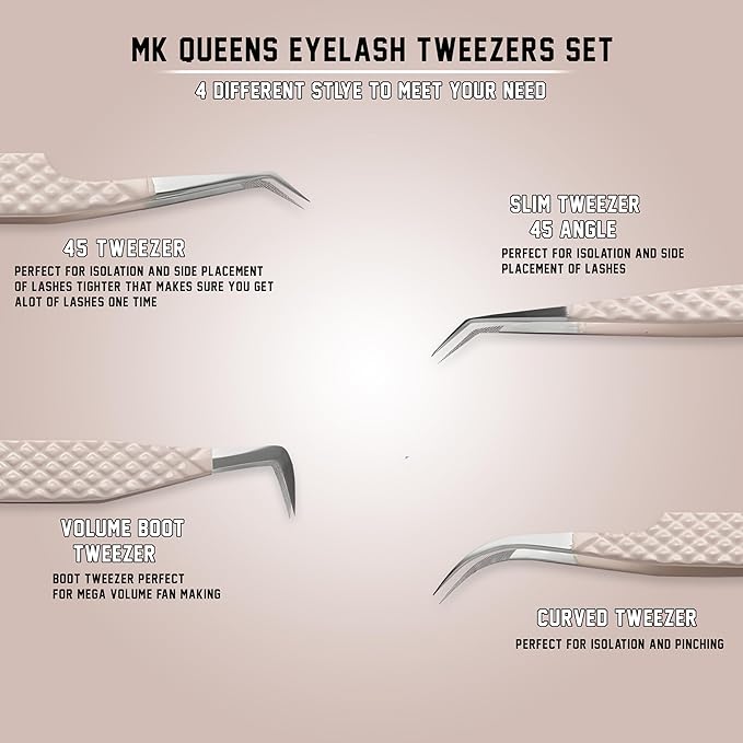 Lash Tweezers - Stainless Steel Fiber Tip Eyelash Tweezers (Set of 4) - Diamond Grip Professional Lash Tweezers for Eyelash Extensions (Beige)