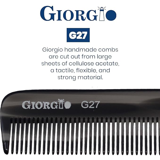 Giorgio G27 Handmade All Fine Tooth Pocket Comb, Hair Comb Straightener for Everyday Grooming Styling Hair, Mustache and Beard for Men Women and Kids, Saw Cut and Polished (Tortoiseshell)