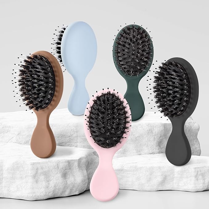 Mini Boar Bristles Hair Bursh, Travel Size Hair Brush for Women Men Kids, Protable Small Hair Brushes for Pockets Purses, Mini Hair Brush for Smooth Add Shine (1 Pack-Blue)
