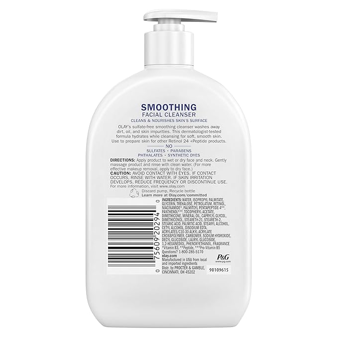 Olay Face Wash,Daily Facial Cleanser with Retinol,Peptides & Glycerin - Smoothing,Noursihes Skin Surface,Hydrates while Cleansing - Sulfate-Free,Paraben-Free,16 Oz,(Pack of 2)