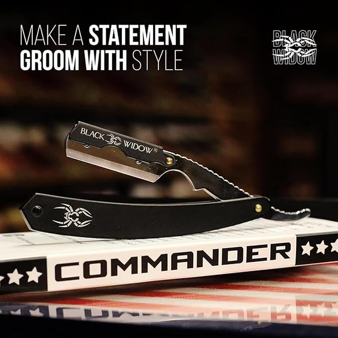 Black Widow Professional Barber Straight Edge Razor – Stainless Steel Shavette, 1.5 mm Blade Exposure, Matte Black & chrome, 10 Double Edge Blades (20 Single-Edge) for Lineups & Beard Shaping