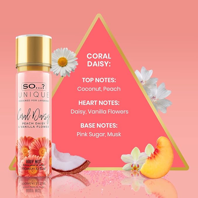 So...? Unique Coral Daisy Body Mist - Perfume for Women - Gourmand Fruity Vanilla Perfume - Gifts - Body Spray for Women - 5.1 oz