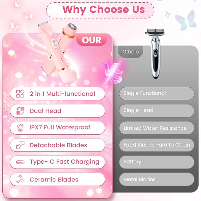 2 in 1 Bikini Trimmer for Women, Dual Head Electric Rozor, Facial Hair Removal, Ipx7 Waterproof Body Shaver for Bikini Face Armpit Pubic Hair Leg Back, Easy Cleaning, Ceramic Blade (Pink)