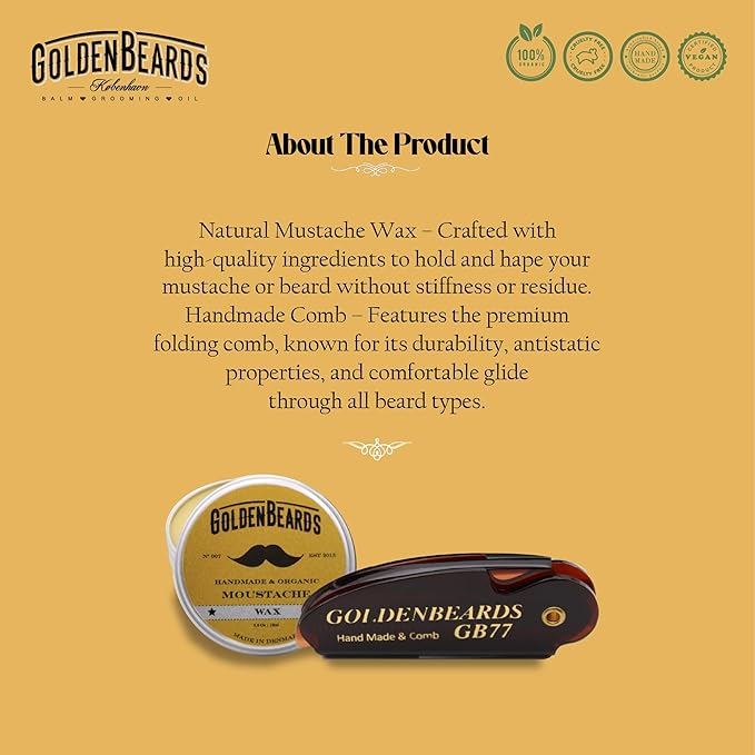 Golden Beards Mustache Wax with GB-77 Folding Comb – Organic & Natural Styling Wax for Men – Strong Hold, Vegan, Cruelty-Free Grooming Kit