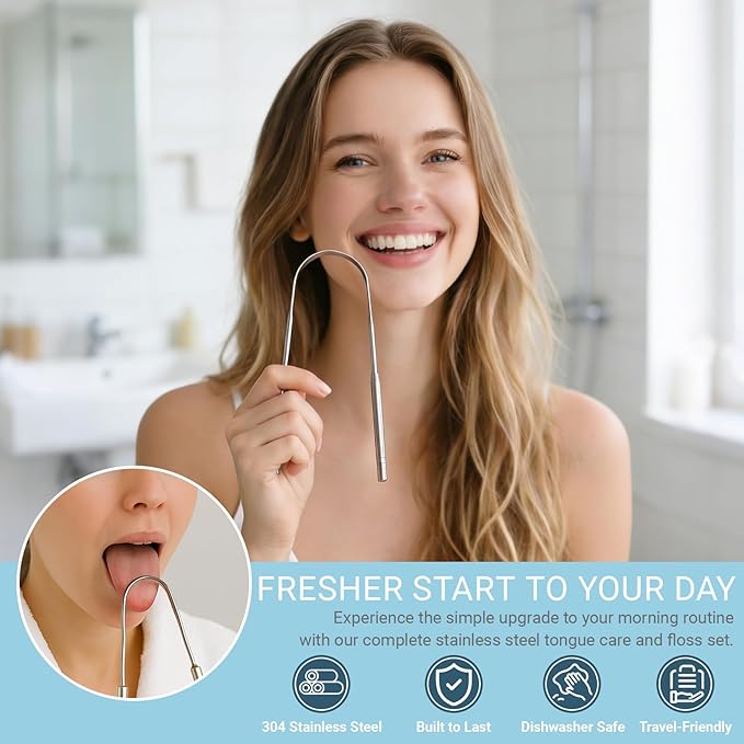 2-Pack Stainless Steel Tongue Scraper for Adults, Metal Tongue Cleaner & Scraper Kit with Travel Case & FREE Dental Floss – Dual Design for Effective Tongue Cleaning, Health & Beauty Essential
