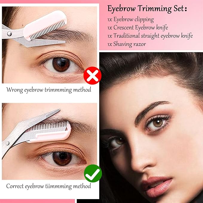 4PCS Eyebrow Trimmer Set, Eyebrow Trimmer Scissors with Comb, Curved Eye Brow Razor, Long Eyebrow Knife, Protable Razor, Waterproof Stainless Steel Facial Body Hair Removal Grooming