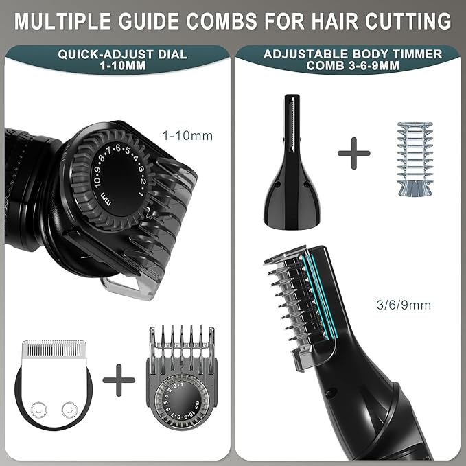 Hatteker 8-in-1 Mens Grooming Kit - Zero-Gap T-Blade Trimmer, IPX7 Waterproof Cordless Set with Hair Clipper/Beard Trimmer/Nose Trimmer, USB Rechargeable (1.5H Charge 180M Use) for Home & Travel