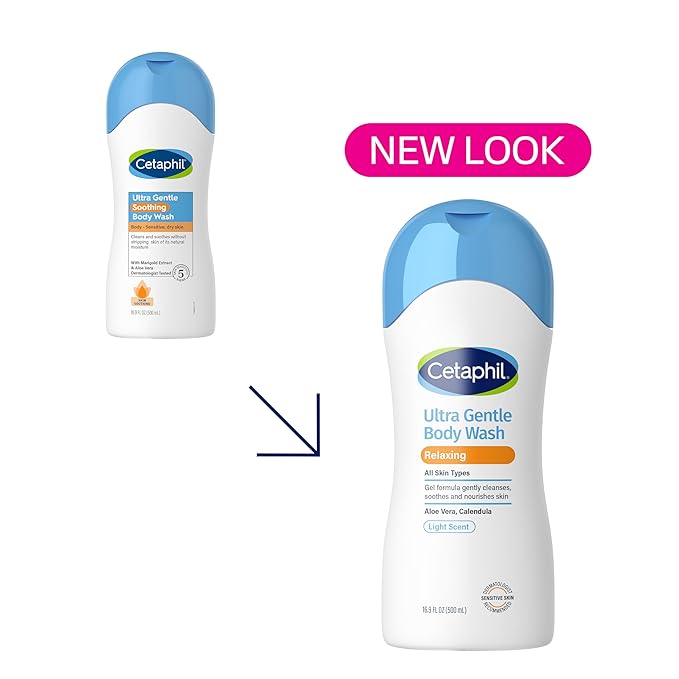 Cetaphil Ultra Gentle Relaxing Body Wash, For Dry to Normal, Sensitive Skin, 16.9oz, with Aloe Vera, Calendula, Vitamin B5, Hypoallergenic, Dermatologist Tested
