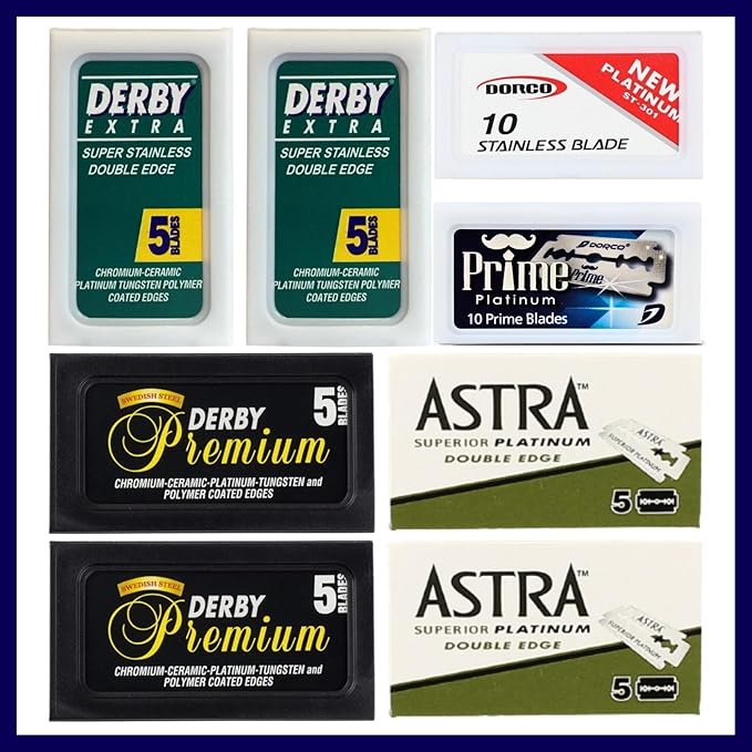 Double Edge Safety Razor Blades Sampler Pack for Men-Includes 3 Top Global Brands: Dorco Astra Derby-Comfortable Shaving –Fits All Double Edge Safety Razors (50)