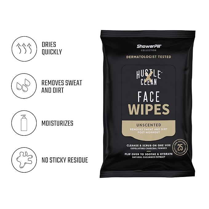 The Face Wipe by Hustle Clean - ShowerPill Collection - 100 Count - Dual-Textured Cleansing Cloth with Charcoal and Cucumber Formulation - 100 Face Wipes