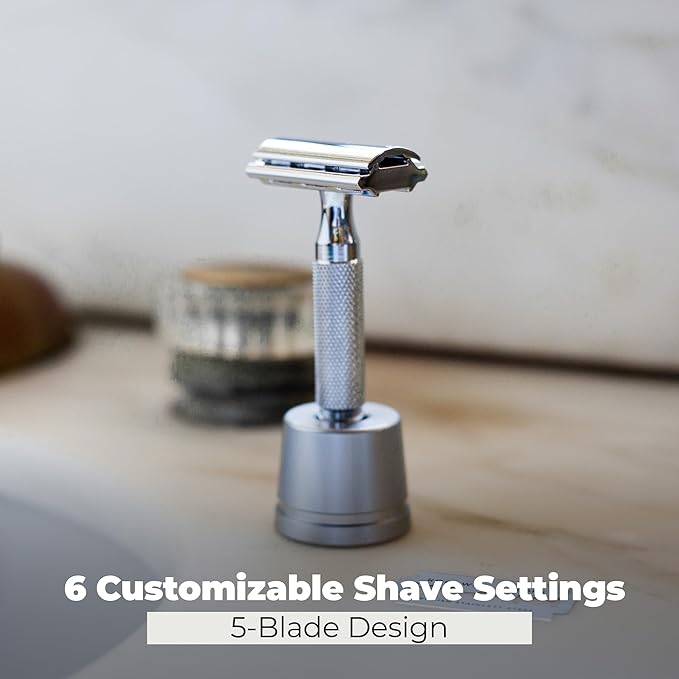 ROCKWELL RAZORS 2C White Chrome Double Edge Safety Razor With Adjustable Shave Settings and 5 Fully Recyclable Razor Blades. Reusable Safety Razors for Men and Women.