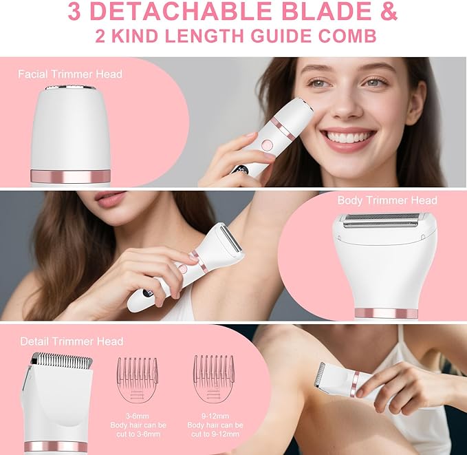 3-in-1 Electric Razor IPX7 Waterproof Bikini Trimmer Wet & Dry Use Painless Personal Trimmer Groomer for Ladies Face Body Legs Bikini Public Hairs Electric Lady Shaver with Replaceable Heads