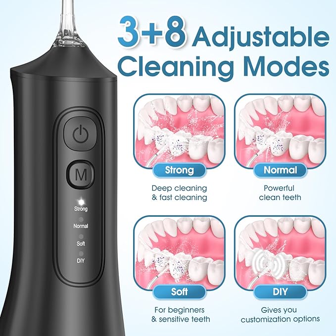 Water Flosser, Rechargeable 300ML IPX7 Waterproof Cordless Portable Oral Irrigator with 4 Modes & 6 Replaceable Jet Tips-Professional Flossing Cleaner for Daily Home Use,Travel,Gums,Braces Care-Black