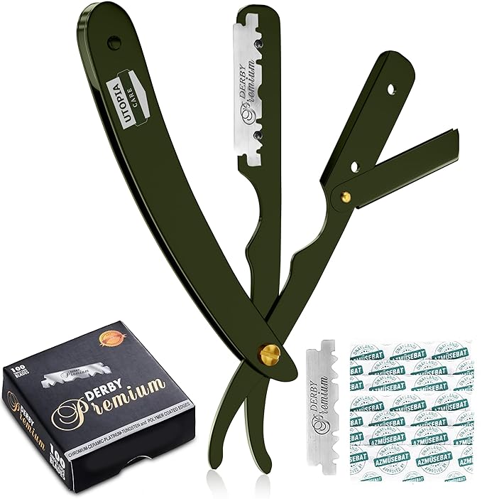 Utopia Care Professional Straight Razor for Men, Barber Straight Edge Razor Safety with 100 Pack Blades, Green
