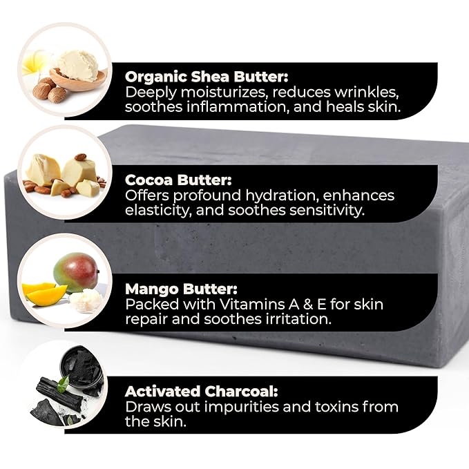 Activated Charcoal Body Wash Bar Soap - Gently Remove Excess Oil & Impurities - Clears Pores - Acne - Shea, Cocoa, and Mango Butter Men, Women, Teens, Kids Face and Body 6 Oz Bar Soap Made in USA