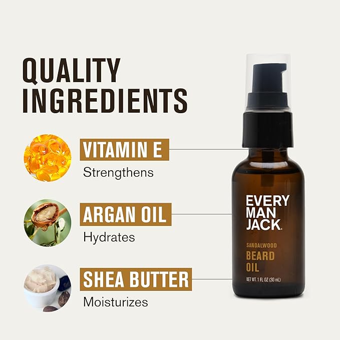 Every Man Jack Sandalwood Beard Oil - Moisturize & Soften Your Beard - Relieve Itch and Flakes - Made w/Naturally Derived Ingredients like Vitamin E, Argan Oil, and Borage Oil - 1 oz - 2 Pack