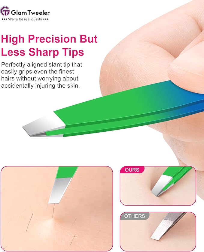 Exclusive G-01 Slant Tip Tweezers, GlamTweeler High Precison Expert Eyebrow and Facial Hair Removal Tweezer with Leather Storage & Carrying Case (Princess Blue & Green)